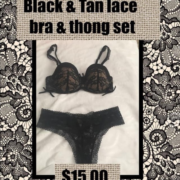 Adore Me Other - Tan and black lace bra and thong set